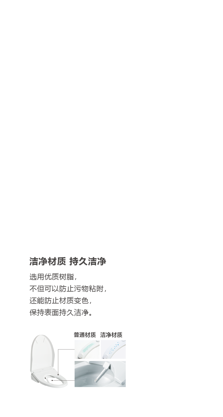 洁净材质 选用优质树脂， 不但可以防止污物粘附， 还能防止材质变色， 保持表面持久洁净。