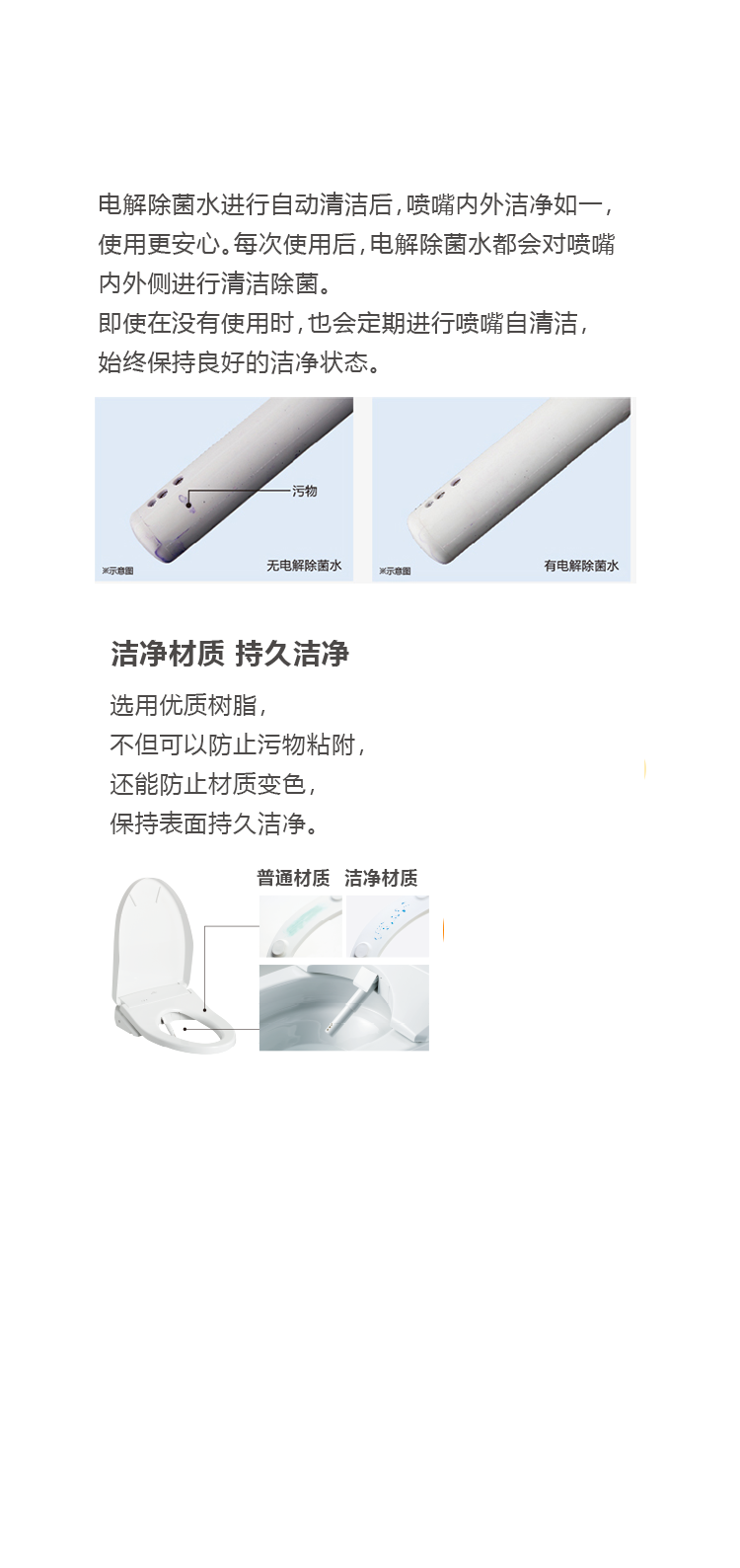 电解除菌水进行自动清洁后，喷嘴内外洁净如一，使用更安心。每次使用后，电解除菌水都会对喷嘴内外侧进行清洁除菌。即使在没有使用时，也会定期进行喷嘴自清洁，始终保持良好的洁净状态。 洁净材质 持久洁净 选用优质树脂，不但可以防止污物粘附，还能防止材质变色，保持表面持久洁净。